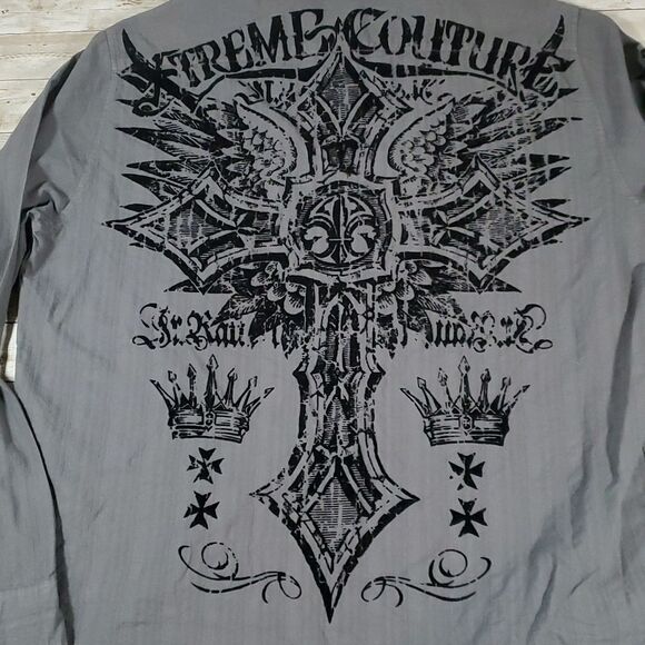 Xtreme Couture Affliction Button‎ Down Long Sleeve Velvet Cross Wings Crown 2XL - Picture 2 of 8
